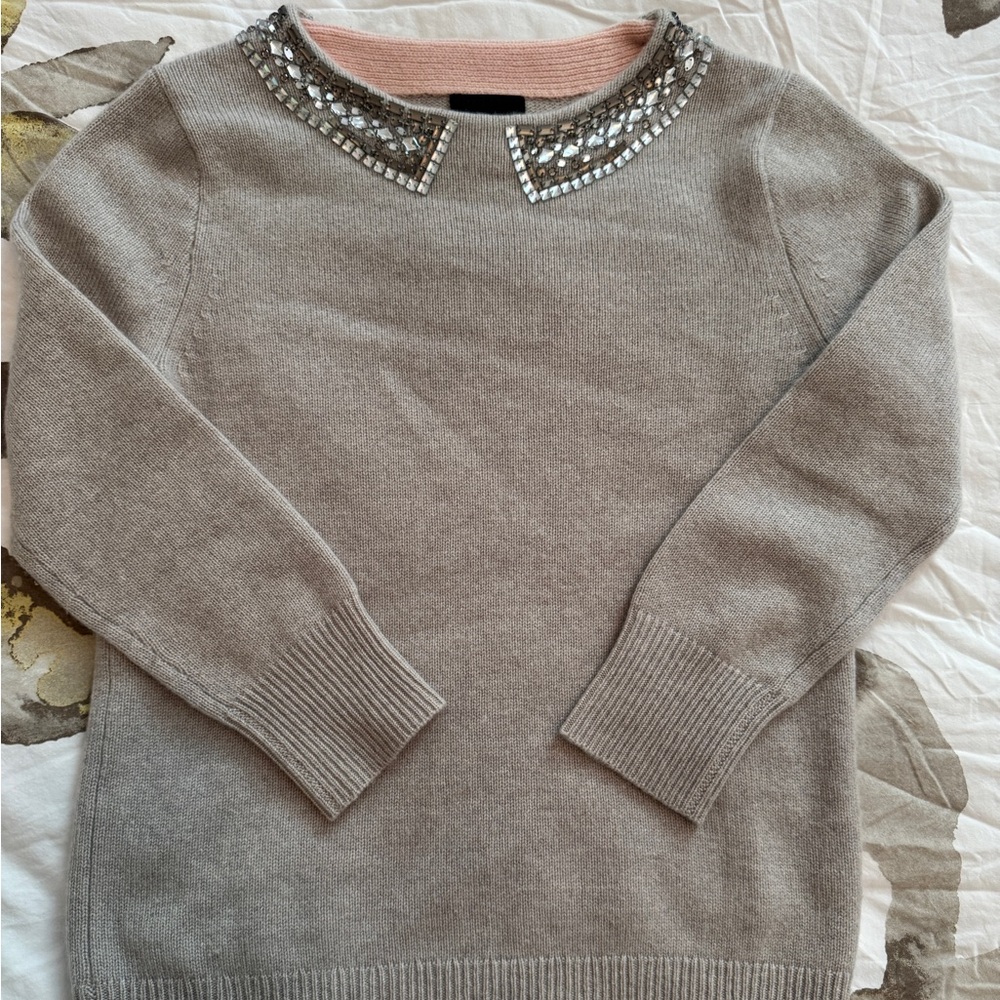 J. Crew Gray 100% cashmere Sweater with Embellished Neckline